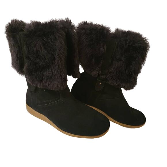 Lands End Women's Size 7 Leather Fur trimmed Fur lined Boots Warm fuzzy Comfy - Picture 2 of 7